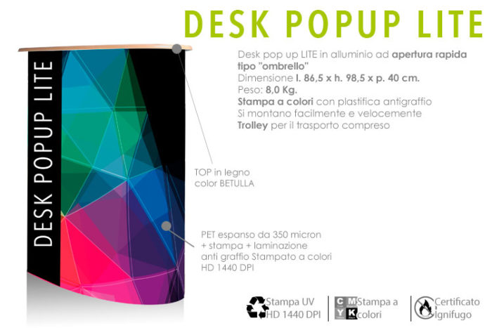 desk pop up lite in allumino con top in legno e stampa personalizzata su PET da 6 micron e laminazione anti graffio